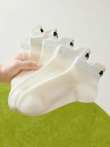 5双白色女士短袜，饰有蝴蝶结和小狗刺绣，薄款休闲踝袜，适合日常穿着 - 白色 - 查看 3
