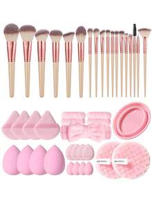 40 PIEZAS Juego de herramientas de maquillaje que incluye: 18 PIEZAS Juego de brochas de maquillaje + 4 PIEZAS Borlas de polvo triangulares + 1 diadema + 2 PIEZAS Correas para tazón de mano + 1 Herramienta de limpieza de brochas de maquillaje + 4 PIEZAS Esponjas de maquillaje + 4 PIEZAS Borlas de polvo de cojín de aire mini + 4 PIEZAS Esponjas de maquillaje mini + 2 PIEZAS Esponjas de limpieza facial - Multicolor - Ver 1