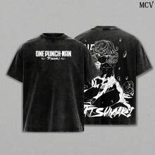 Camiseta Tatsumaki Lavada Oversize Unisex Algodón Pesado Vintage Doble Impresión One Punch Man SS3 Anime Manga Camiseta Gráfica Tornado de Terror Ropa de Calle Retro Japonesa Ropa de Mujer Ropa de Hombre - Negro - Ver 2