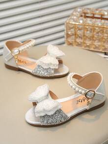 Cute Bow Pearl Rhinestone Flat Sandals For Little Girls Princess Shoes - Silver - View 4