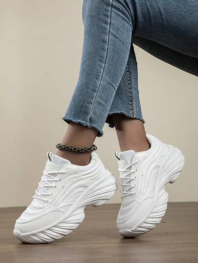 女士厚底舒适系带厚底运动鞋，圆头厚底休闲鞋，百搭透气白色厚底鞋