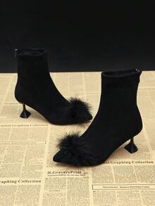 2026秋冬新款女士黑色弹力修身短靴，时尚尖头仿毛皮装饰绒面短靴，中跟细跟办公正装靴 - 黑色 - 查看 3