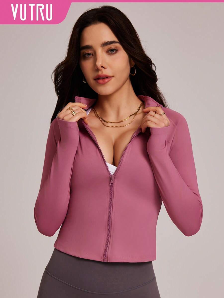 VUTRU 拉链修身长袖瑜伽外套，运动跑步 - 粉色 - 查看 1