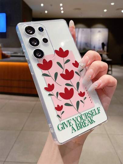 1pc Floral English Pattern Transparent Soft TPU Phone Case, Anti-Fall Anti-Scratch Anti-Fingerprint, Precise Camera Cutout, Compatible With Samsung, Nothing, Pixel, INFINIX, Redmi