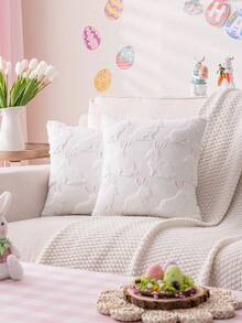 1pc White Easter Bunny Pillow Cover, Cute Fluffy Rabbit Embroidered Farmhouse Style Cushion Cover Suitable For Living Room, Dining Room, Sofa, Bed - White - View 8