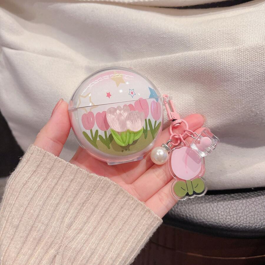 3D Tulip + Pendant Suitable For HUAWEI Freebuds 5i/6i/7i Bluetooth Earphone Case Protective Cover, SE2/3 Earphone Case, Minimalist Transparent Pro 3/Pro 4/SE 4 - Three-dimensional Tulip - View 1