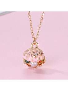 1pc Cute Shell Shaped Zinc Alloy Necklace With Faux Pearl & Rhinestone Decor, Suitable For Vacation & Travel Season Jewelry - one-size - View 14