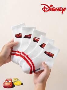 Disney 5双装儿童提花中筒袜，汽车图案，运动黑白双条纹，可爱独特的卡通设计，时尚休闲舒适透气，红色双条纹学生袜，适合日常穿着、返校和节日礼物，袜子 - 彩色 - 查看 10