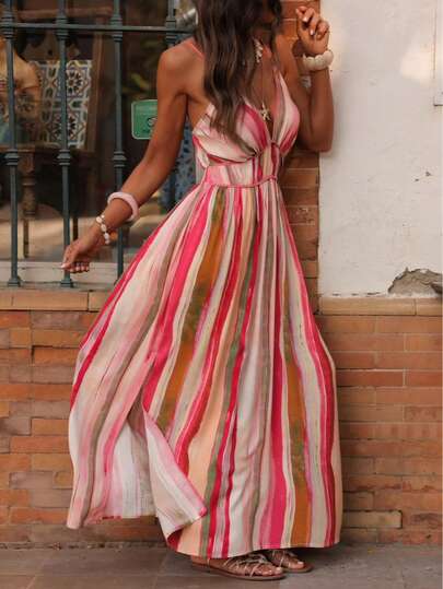 ZIMO Jasmine 彩虹条纹吊带连衣裙，收腰修身侧开衩长裙，浪漫仙气，通勤、旅行拍照、度假皆宜，春夏必备单品