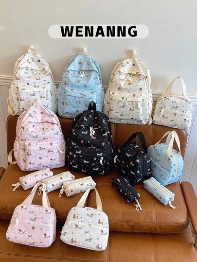 3 Pcs Fashionable Preppy Bow/Dog Printting Backpack Set,Backpack&Lunch Bag&Pencil Box,With Laptop Compartment Bookbag,Adjustable Strap&Multi Pockets High-Capacity School Bag Set Multifunctional Daypack Set Idea For Girls/College Students/Graduate For Daily Use/Vacation/Travel/Back To School