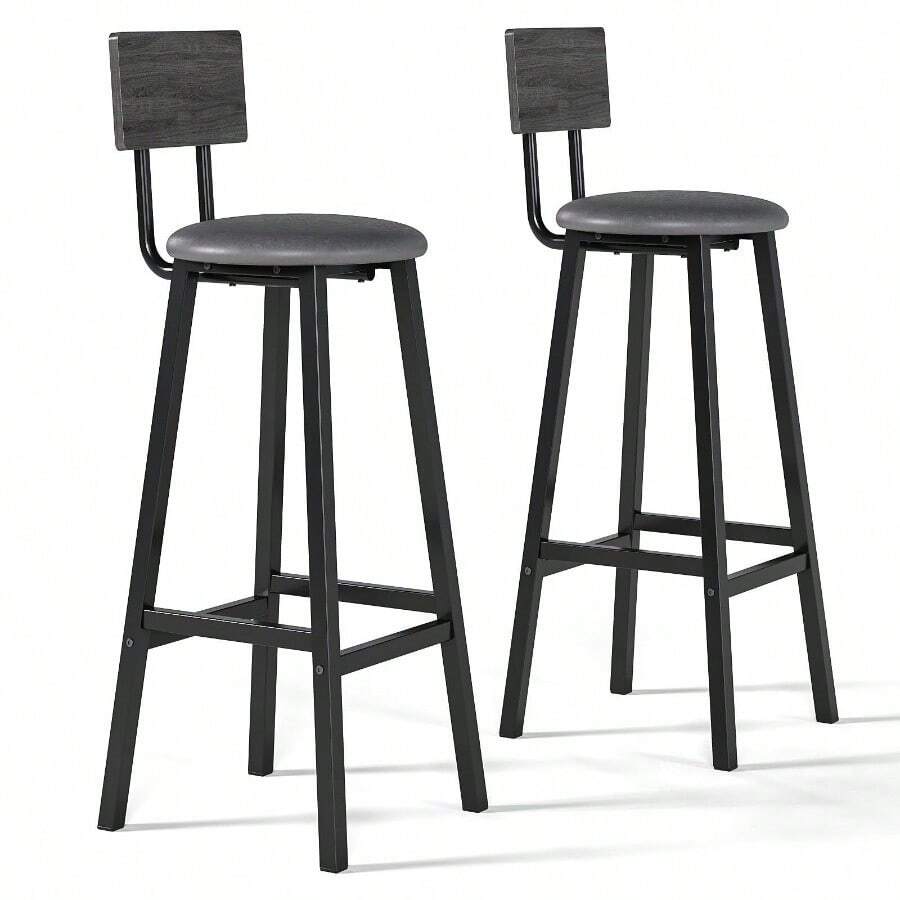Bancos para Barra,Juego de 2 Taburetes de Bar,Bancos para Barra de Cocina de Madera de Hierro Vintage,Silla Alta 96 CM para Bar,Cocina,Restaurante,Banco Alto con Tapizado de PU. (Gris) - Negro - Ver 1