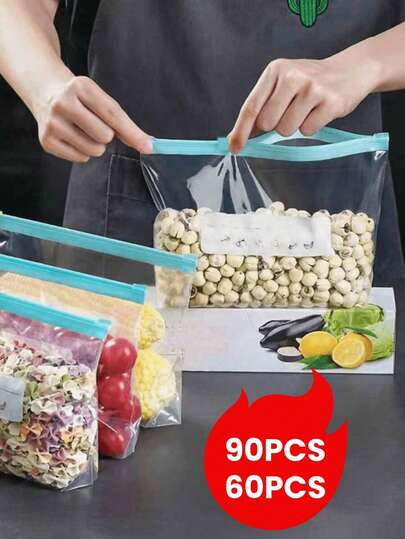 90个加厚可重复使用蓝色冷冻袋，适用于存放60/50/45/40/30/25/20/15/10/1件物品，可微波炉加热，防漏，也适用于冰箱储存