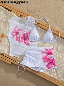 新盛源3件套欧美时尚新年/情人节泳装，可拆卸胸垫，可爱休闲露背吊带比基尼套装，芙蓉花印花，薄纱上衣，奢华性感优雅显瘦，适合海边沙滩派对，侧边抽绳褶皱三角裤，时尚泳装。夏季假期 - 彩色 - 查看 5