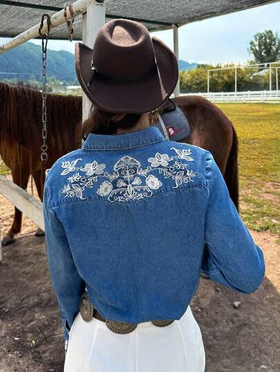Women's Elegant Floral Embroidery Vintage Denim Shirt