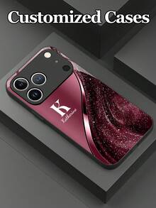 1pc Customizable Text & Letter Design Gradient Color Base With Flowing Glitter Texture Tempered Glass Phone Case, Compatible With Iphone 17 ProMax/17 Air/15/16 Pro/14 Plus/13 Pro/12 Pro Max/11/Xs Max/8/7/6 Plus, S24 Ultra/S25 Ultra/A12, Fashion Business Customization, Personalized And Creative Design, Best Gift For Girlfriend/Best Friend - Black - View 5