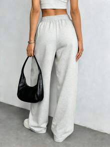 Women's Straight Leg Casual Sweatpants, Fashionable Minimalist Elastic Waist With Side Pockets, Suitable For Outdoor & Daily Wear Sports - Light Grey - View 2