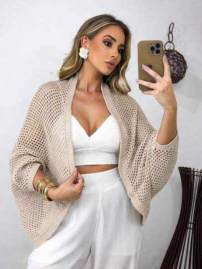 Kimono Feminino Capa Casulo de Tricot Ponto Crochê Saída de Praia Atemporal Moda Inverno/Verão  Casual    Praia