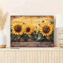 1PC 2D Retro-Style Sunflowers And Bees Wall Art Canvas Printed Materials, Wall Decoration Posters, Unique Creative Wall Art Decorations, Bathrooms, Living Rooms, Bedrooms, Offices, Dining Rooms, Artworks, Perfect Gifts And Decorations, 2D Flat Surface, Ideal Choice For Giving Gifts During Christmas, New Year And Other Festivals, Very Suitable For Room Decoration - Yellow - View 3