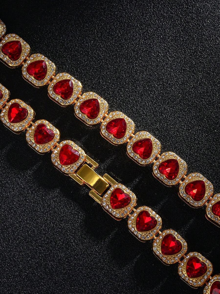 时尚嘻哈水钻心形项链 街头风红宝石心形链项链 男士派对及活动佩戴的时尚项链 男士休闲装必备项链 - 潮流紅寶石心形項鍊 - 查看 1