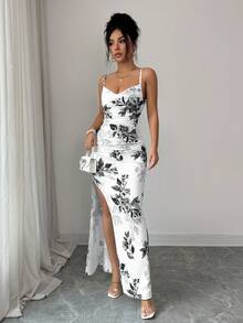 LilyHouse Women's Summer Bohemian Sling Maxi Dress – Full Leaf Print, Elegant & Casual, Must-Have For Beach Trips & Vacations, Sexy Open-Back High-Slit Beach Dress | Valentine's Day Special Acation Outfits Women - Black and White - View 5