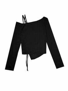 韩版露肩系带抽绳褶饰长袖T恤 - 黑色 - 查看 2