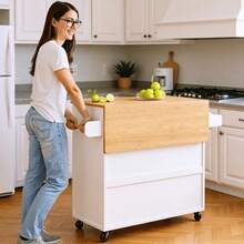 Isla de Cocina, Barras Para Cocina Integral Extensible, Carrito De Almacenamiento, Desayunador, Muebles con 3 Cajones - Blanco y Negro - Ver 4