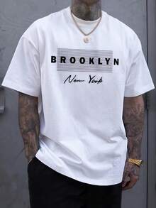 1pc Mens Clothes Brooklyn New York Print White TShirt, Unisex Casual Crew Neck Tshirt, Plus Size Men's Clothing 5XL, Lightweight 220gsm Knit Fabric, Machine Washable, For Spring/Summer/Fall, Valentine's Day, Graduation, Independence Day - 白色 - 查看 1