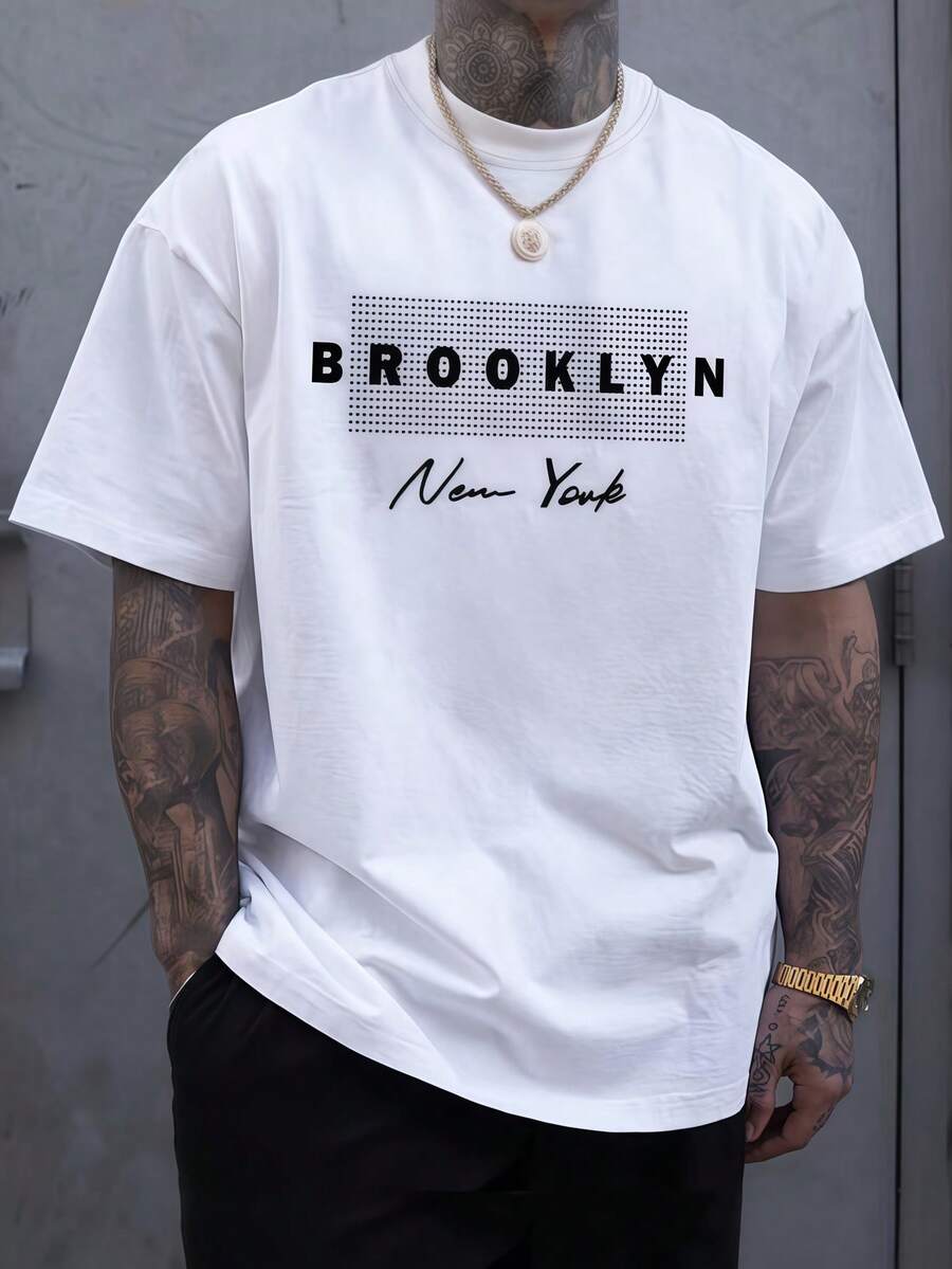 1pc Mens Clothes Brooklyn New York Print White TShirt, Unisex Casual Crew Neck Tshirt, Plus Size Men's Clothing 5XL, Lightweight 220gsm Knit Fabric, Machine Washable, For Spring/Summer/Fall, Valentine's Day, Graduation, Independence Day - 白色 - 查看 1