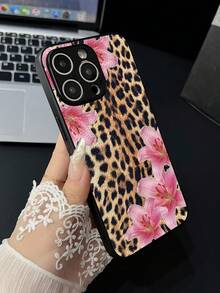Retro Y2K Leopard Print Pink Lily Phone Case Premium Faux Leather Shockproof Cover For IPhone 16/15/14 Series - Black - View 6