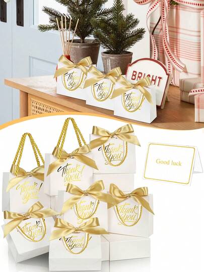 50pcs 5.5 X 2.4 X 4.7 Inch White Paper Gift Bags With Handles And Bows, Ideal For Party Favors, Mother's Day, Valentine's Day, Weddings And Holiday Gifts