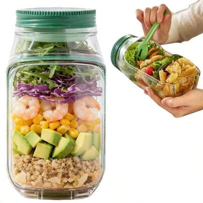 SALAD Jar - Salad Pod Mason Jar Side Open, Salad Jar With Side Opening For Lunch, Portable Salads Dressing Container With Lid For Travel Leakproof Dressing Compartment