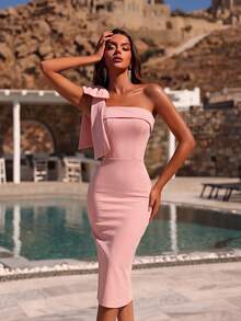 ADYCE Đầm cocktail dài ngang gối, màu trơn, không dây vai, đính nơ, xẻ tà sau, kiểu dáng thanh lịch, phù hợp cho sinh nhật, đám cưới, lễ tốt nghiệp, tiệc tối, lễ hội, lễ Phục sinh, mùa hè, ngày Valentine và các dịp khác. Màu hồng mùa xuân. - Hồng - Xem 6