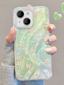 1pc Feather Chiffon Full Coverage Phone Case With Gradient Ditsy Floral & 3D Metal Stand, Compatible With IPhone 11/12/13/14/15/16/17/Pro Max - Green - View 3