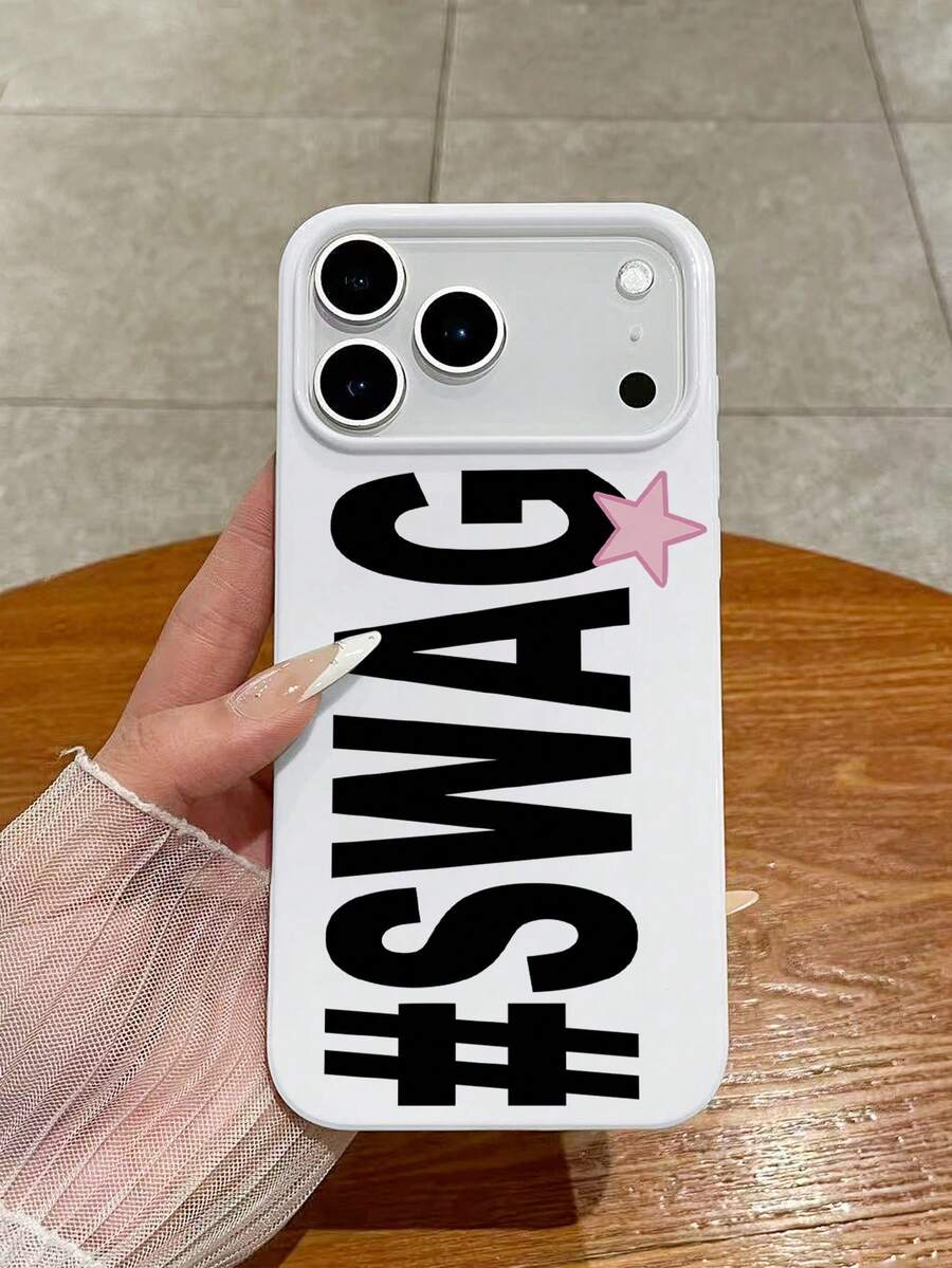 Y2K 1pc "#SWAG" & Pink Star Minimalist Print White Glossy Phone Case, Compatible With IPhone 11/13 Pro Max/15/17/17 Pro Max & Galaxy S24 Ultra/S26 Ultra, Slogan Aesthetic Design, Suitable For Millennials, Birthday & Daily Use - White - View 1