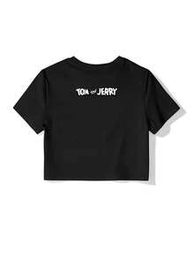 Whysmera SHEIN X Tom & Jerry 女士短款圆领印花衬衫 - 可爱时尚，适合日常穿着 - 黑色 - 查看 4