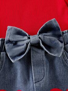 2pcs/Set Baby Girls Casual Red Ribbed Ruffle Sleeve Top And Heart Print Bow Waist Denim Pants Set - Red - View 7