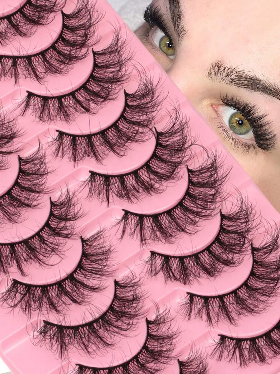 10对仿貂毛假睫毛，纤细浓密，猫眼妆效，自然逼真，3D卷翘，浓密卷翘，整条假睫毛，嫁接化妆工具，条状假睫毛，易于佩戴，适合新手，日常淡妆和浓妆均可使用。 - 黑色 - 查看 1
