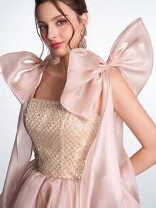 Anymoon Fairy 奢华甜美性感露背薄纱蝴蝶结立体缎面3D蕾丝串珠镂空系带后背褶皱薄纱舞会礼服，适合婚礼招待会、订婚派对、毕业舞会、公司晚宴、斋月庆祝活动 - 香檳色 - 查看 9