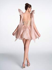 Anymoon Fairy 奢华甜美性感露背薄纱蝴蝶结立体缎面3D蕾丝串珠镂空系带后背褶皱薄纱舞会礼服，适合婚礼招待会、订婚派对、毕业舞会、公司晚宴、斋月庆祝活动 - 香檳色 - 查看 3