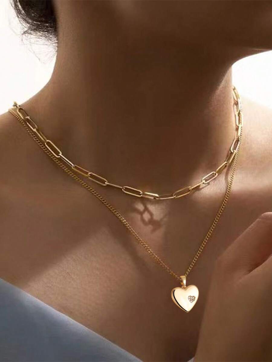 Set de 2 collares con colgante de corazón minimalista de circonita cúbica en capas, regalo de joyería única para mujeres - Amarillo Oro - Ver 1
