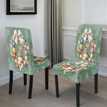 4/5/6/7pcs Easter Chair Cover & Tablecloth Set, Elegant & Fashionable Design With Cute Rabbit And Easter Egg Patterns In Green Tone. The Chair Covers Are Practical And Decorative, Ideal For Creating Holiday Atmosphere, Suitable For Restaurants, Hotels And Celebration Occasions, A Perfect Easter Gift. - Multicolor - View 4