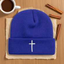 1 pieza/2 piezas Nuevo gorro de punto de acrílico con bordado de cruz para otoño/invierno, gorro de punto versátil unisex a prueba de frío para hip-hop - Multicolor - Ver 3