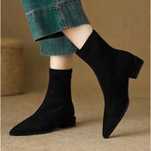 Damen Ankle Boots mit spitzer Zehenkappe und Reißverschluss hinten, in Unifarbe, Western-Stil Mode für Pendeln, Party, Büro, Frühling/Herbst - Schwarz - Übersicht 5