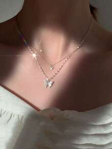Bohemian Style Gold & Silver Double Layer Chain Butterfly Necklace, Creates A Casual Fashionable Look, Suitable For Women's Daily Outfit - Silver - View 5