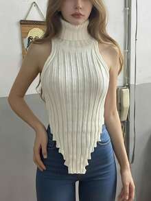 Women's Sexy Casual Sleeveless Pullover Sweater Top, High Neck Ribbed Knit Design And Unique Asymmetrical Hemline Detail - White - View 1
