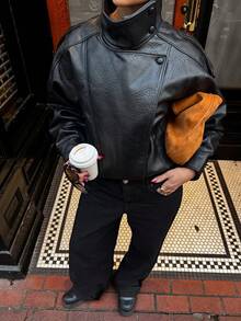 Jaqueta de Couro PU Preto Feminina, Jaqueta Bomber com Zíper de Manga Longa, Agasalho de Outono/Inverno, Estilo de Rua - Preto - Visão 3