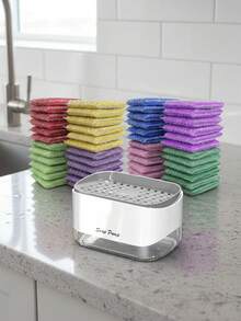 Dispensador de jabón de cocina, espumador de esponja, soporte para esponja, dispensador de jabón para platos con esponja, estante escurridor de esponja, organizador de fregadero de plástico con bandeja de goteo, accesorios de cocina - Utensilios prácticos de cocina - Multicolor - Ver 11