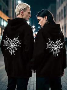A Pair Of Casual Hooded Sweatshirt For Couples, Featuring A Heart-Shaped Spider Web Print. A Couple's Coat, Suitable For Autumn And Winter Outfits. Machine Washable. Ideal For Valentine's Day Gifts. Highly Recommended For Couples. - Female - Black - View 1