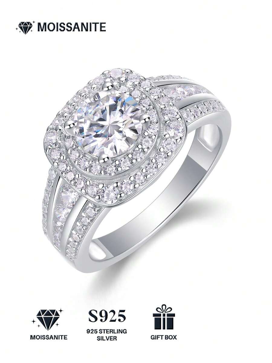 Nhẫn Moissanite bạc 925 cao cấp dành cho nữ, không gây dị ứng, thích hợp làm nhẫn đính hôn/cưới, quà tặng ngày Valentine/sinh nhật, hộp quà chống oxy hóa.