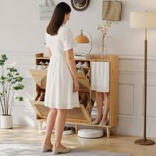 Huisuilinss Rattan Shoe Cabinet With 2 Flip Drawers,Shoe Storage Cabinet With Mirror,Freestanding Shoe Rack Cabinet With Adjustable Shelves,Shoe Storage Organizer For Entryway Closet Hallway - 木質色 - 查看 7